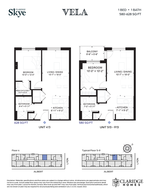 Floor plan for 1 bed, 1 bath, 580 sqft